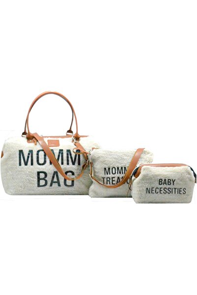 Mommy Bag Exclusive екрю јагнешки плишан сет од 3 дела, торба за мајки и бебиња