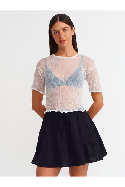 10592 Wrinkled Look Transparent Knitwear Blouse-White
