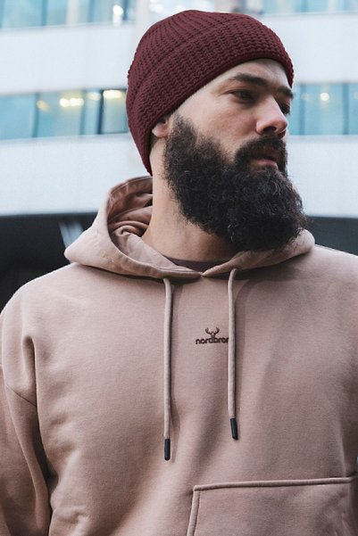 Men's Burgundy Soft Beanie Knitwear Winter Solid Color Acrylic Basic Stretchy Herno Ribbed with Logo Detail