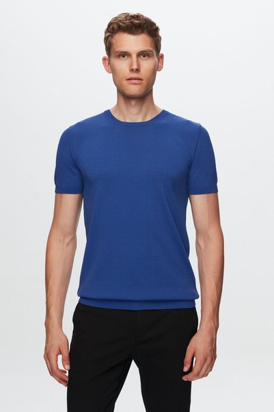 Slim Fit Cobalt Plain Knit Rayon Knitted T-shirt
