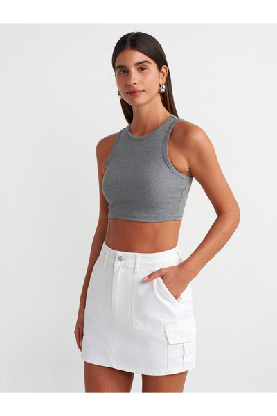 30962 Stitching Detailed Crop Top-Anthracite