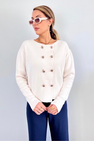 Women's Sima Gold Metal Buttoned Ecru Knitwear Cardigan