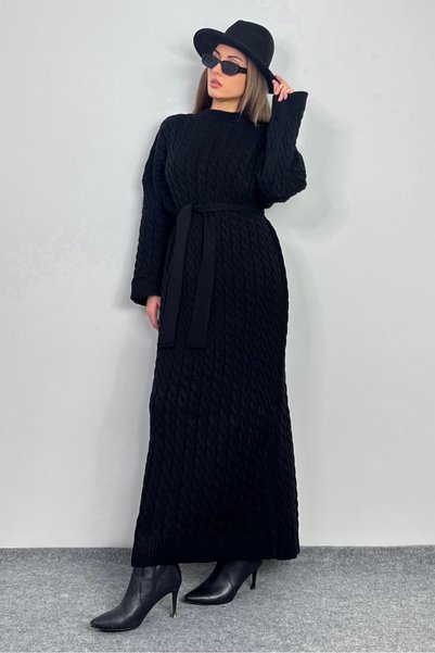 Women's Ashley Black Hair Braided Knitwear Long Dress