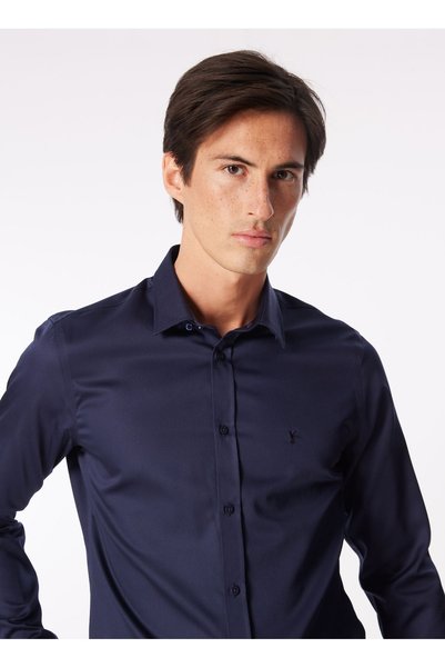 Navy Blue Men's Bottom Brit Slim Fit Shirt F4Sm-Gml 0901