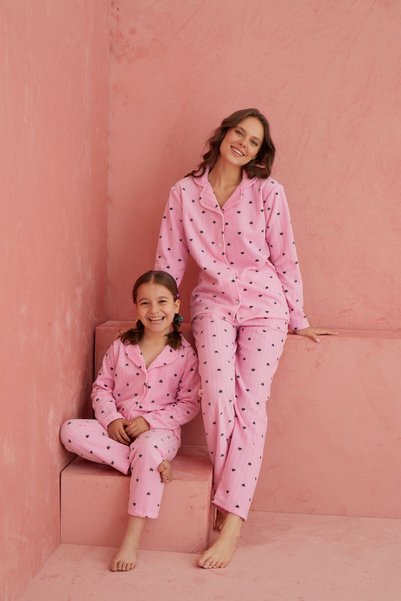 Pink Heart Patterned Front Buttoned Fleece Pajama Set