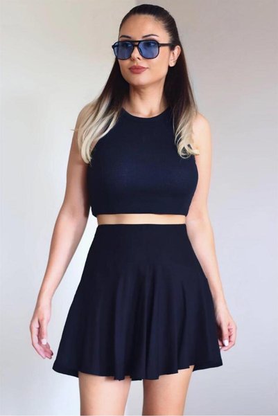 Women's 100% Viscose Black Summer Flared Skirt with Shorts and Elastic Waist