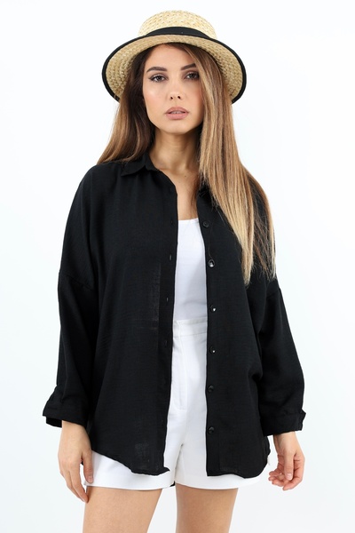 Women's Linen Comfy Long Black Shirt