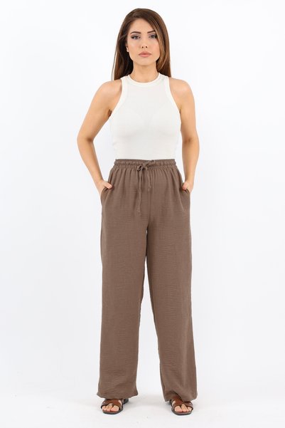 Women's Linen Comfy Brown Straight Cut Elastic Waist Trousers