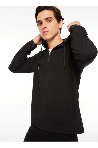 Hooded Collar Plain Black Men's Sweatshirt F3Wm-Swt132
