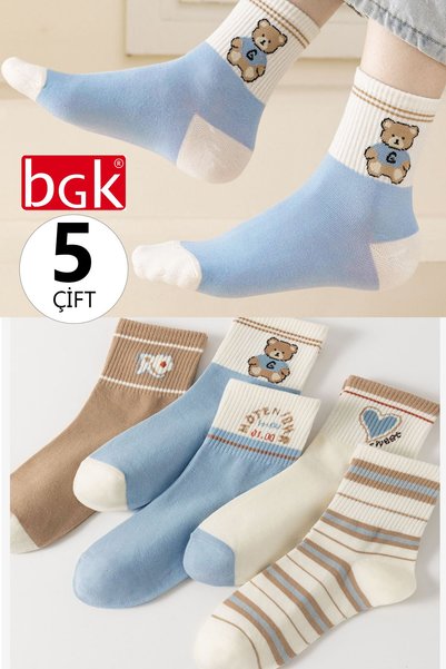 5 Pairs Women's Blue-Beige Bear Pattern Socks