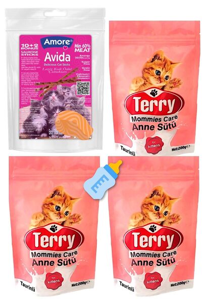Terry Mommies Care млеко во прав за мајка мачка 3 x 200 gr, шише за бебиња, Avida 12 парчиња стапчиња со лосос награда
