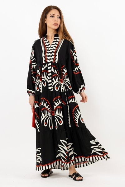 Prive Women's Nena 100% Viscose Maxi Length Black Red Balloon Sleeve Long Summer Dress 24EL036