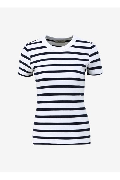 Crew Neck Striped Navy Blue - White Women's T-Shirt Spbf4Sl-Tst5517