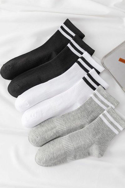 Unisex 6 Pairs Plain Black-white Tennis Socks