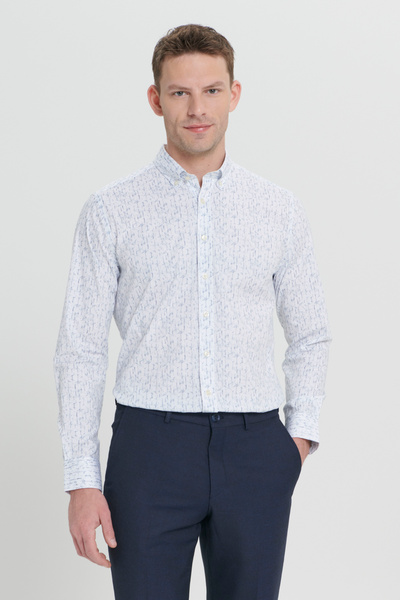Men's White-Navy Slim Fit Slim Fit Classic Collar Cotton Dobby Shirt