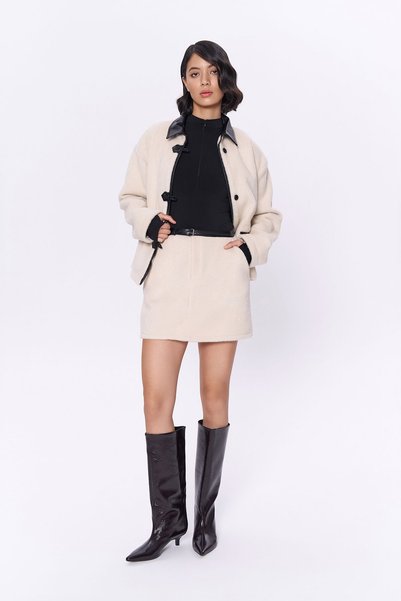 Leather Belted Plush Mini Skirt Beige
