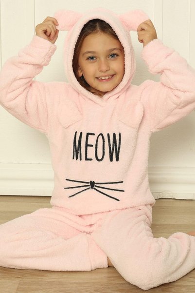 Dusty Pink Meow Patterned Full Plush Girl's Pajamas Set