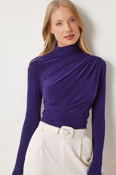 Women Purple Ruched Detail Mock Neck Sandy Blouse FF00135