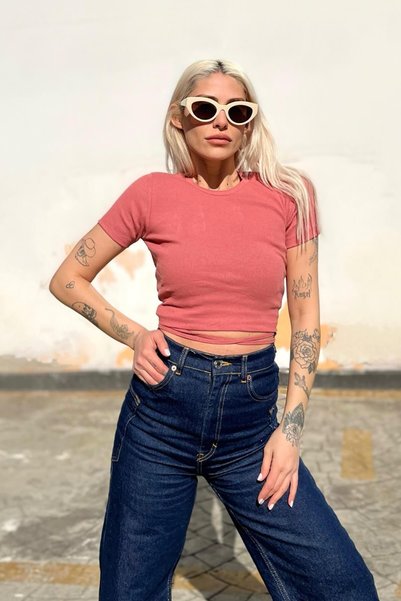 Dusty Rose Short Sleeve Bias Tie Crop Women's Blouse