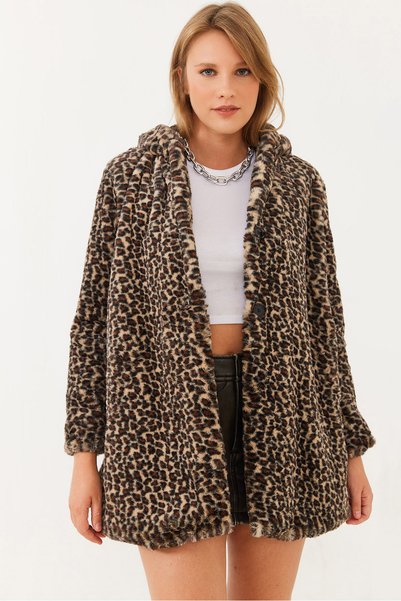 Women's Brown Hooded Leopard Patterned Fur 2457 60251827