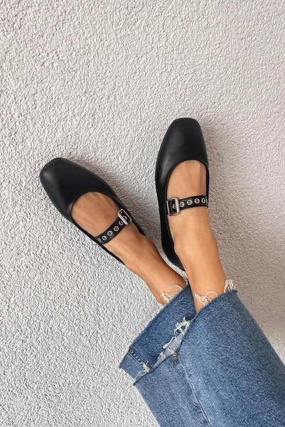 Jules Women's Belt Detail Leather Ballerinas Black