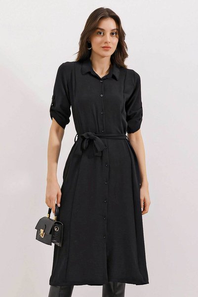 Women's Black Belted Shirt Dress 2442