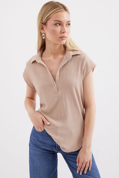 20123 Polo Neck Knitted Blouse - Beige