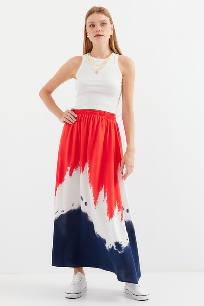 8025 Patterned Long Viscose Skirt - Red