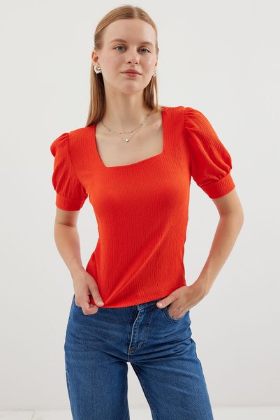 0409 Square Neck Knitted Blouse - Orange