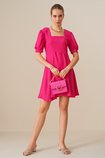 2339 Square Neck Knitted Dress - Fuchsia