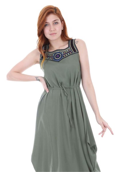 1512 Front Embroidered Dress - Khaki