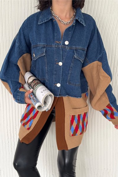 Women's Standard Size Oversize Jeans Jacket with Buttoned Pockets and Colorful Knitwear Detail