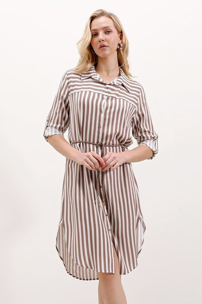 5629 Striped Belted Dress - Mink
