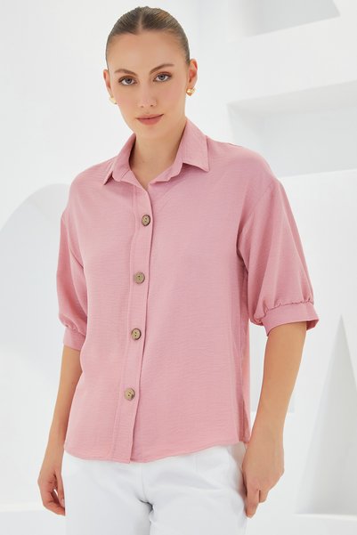 Women's Pink Short Sleeve Oversize Linen Shirt 20240