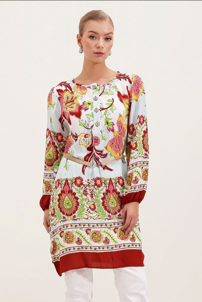 5902 Belted Patterned Dress - Claret Red