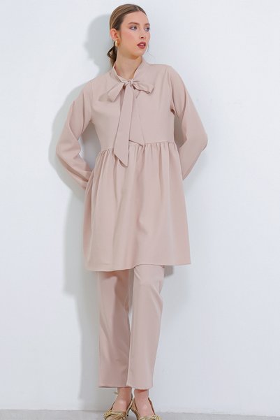 Women's Cream Knitted Trousers Tunic Top and Bottom Set 6654