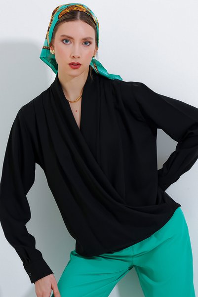 Women's Black Double Breasted Collar Flowing Satin Blouse 0492