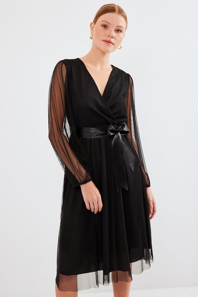 2494 Double Breasted Neckline Tulle Dress - Black