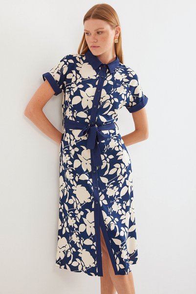 2455 Patterned Shirt Dress - Navy Blue