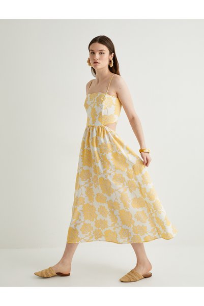 X Selected by Melis Ağazat - Midi Length Floral Dress with Straps, Flared Viscose, Window Detail