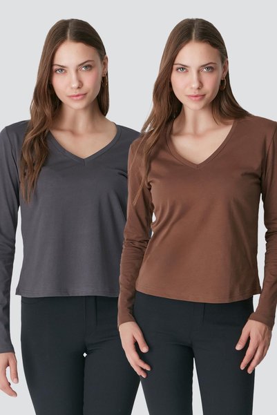 V-Neck Long Sleeve 2-Piece Basic T-Shirt 954 Smoked/Brown