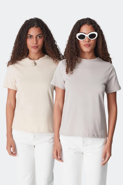 Crew Neck Short Sleeve 2-Piece Basic T-Shirt 960 Gray/Beige
