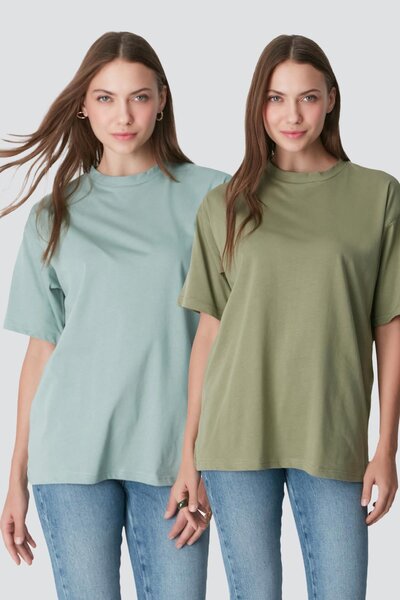 Crew Neck Short Sleeve 2-Piece Casual Basic T-Shirt 961 Khaki/Çağla