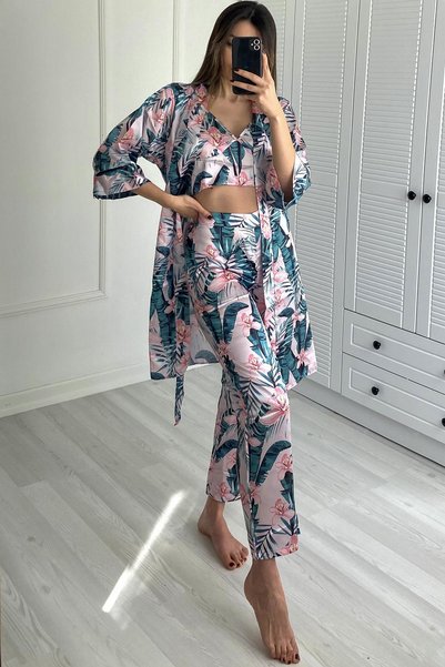 045 Women's Patterned 3-Piece Satin Pajama Set Ecru/Green