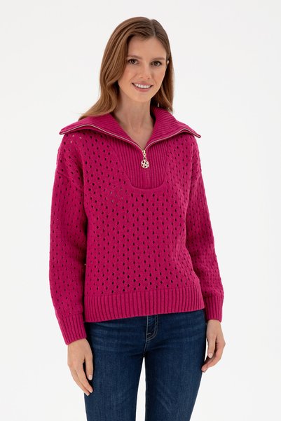 Women's Fuchsia V-Neck Zippered Sweater 50293113-Vr023