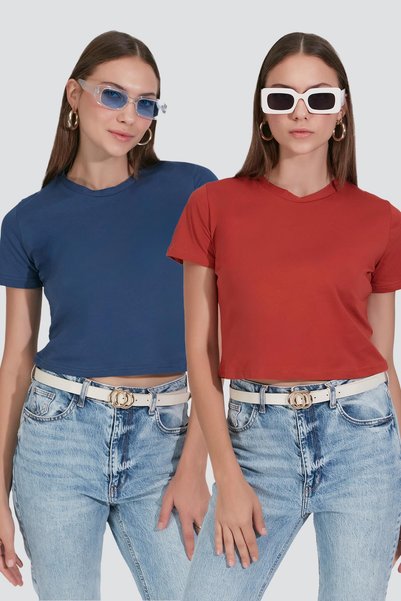 956 Tile/Indigo - Set of 2 Crew Neck Crop T-Shirts