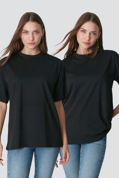 Crew Neck Short Sleeve 2-Piece Casual Basic T-Shirt 961 Black