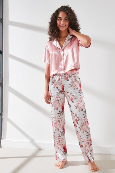 Women's Satin Cropped Shirt Pants Pajama Set 9066 Pink/Ecru