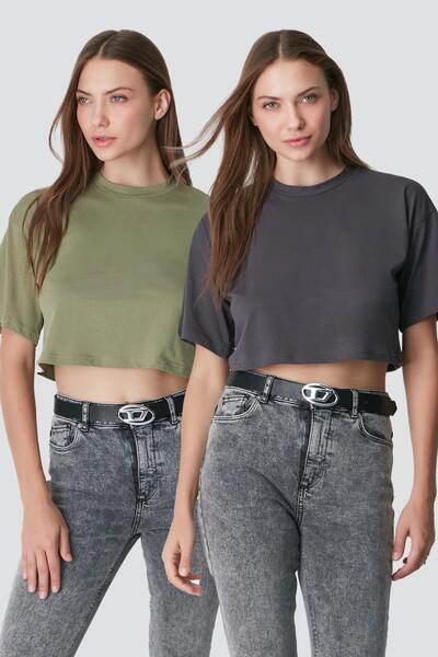 Crew Neck 2-Piece Crop T-Shirt 959 Khaki/Smoked