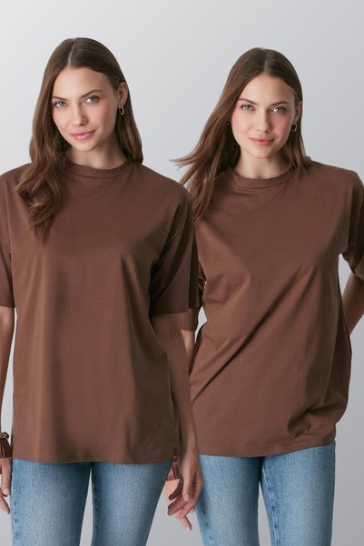 Crew Neck Short Sleeve 2-Pack Casual Basic T-Shirt 961 Brown
